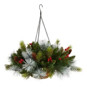 24" Holiday Pre-Lit (30 LED Lights) Pine and Berries Artificial Christmas Hanging Basket, Indoor Outdoor Patio Porch Decor