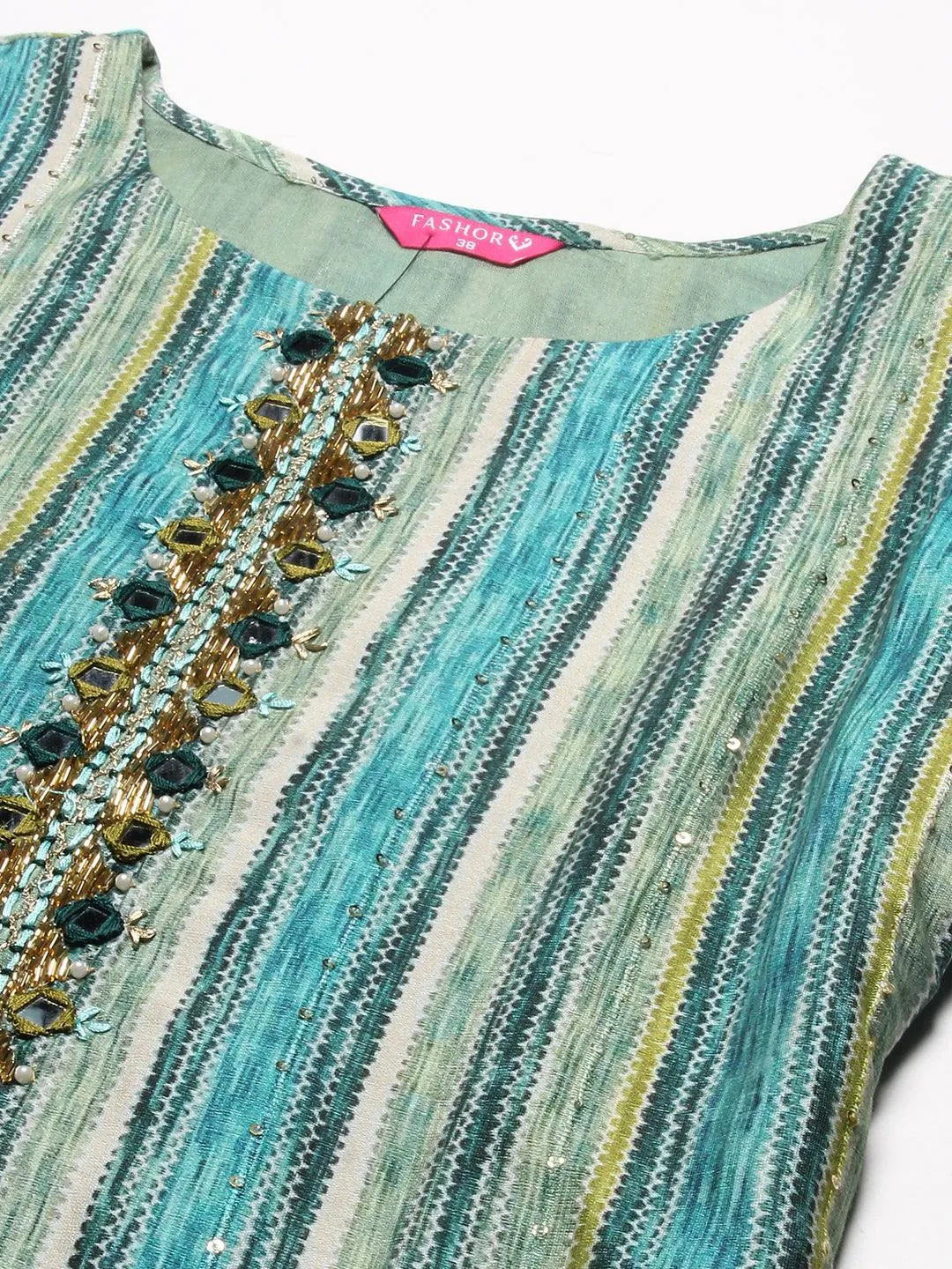 Abstract Striped Mirror Embroidered Kurta With Pants & Sequined Dupatta - Green