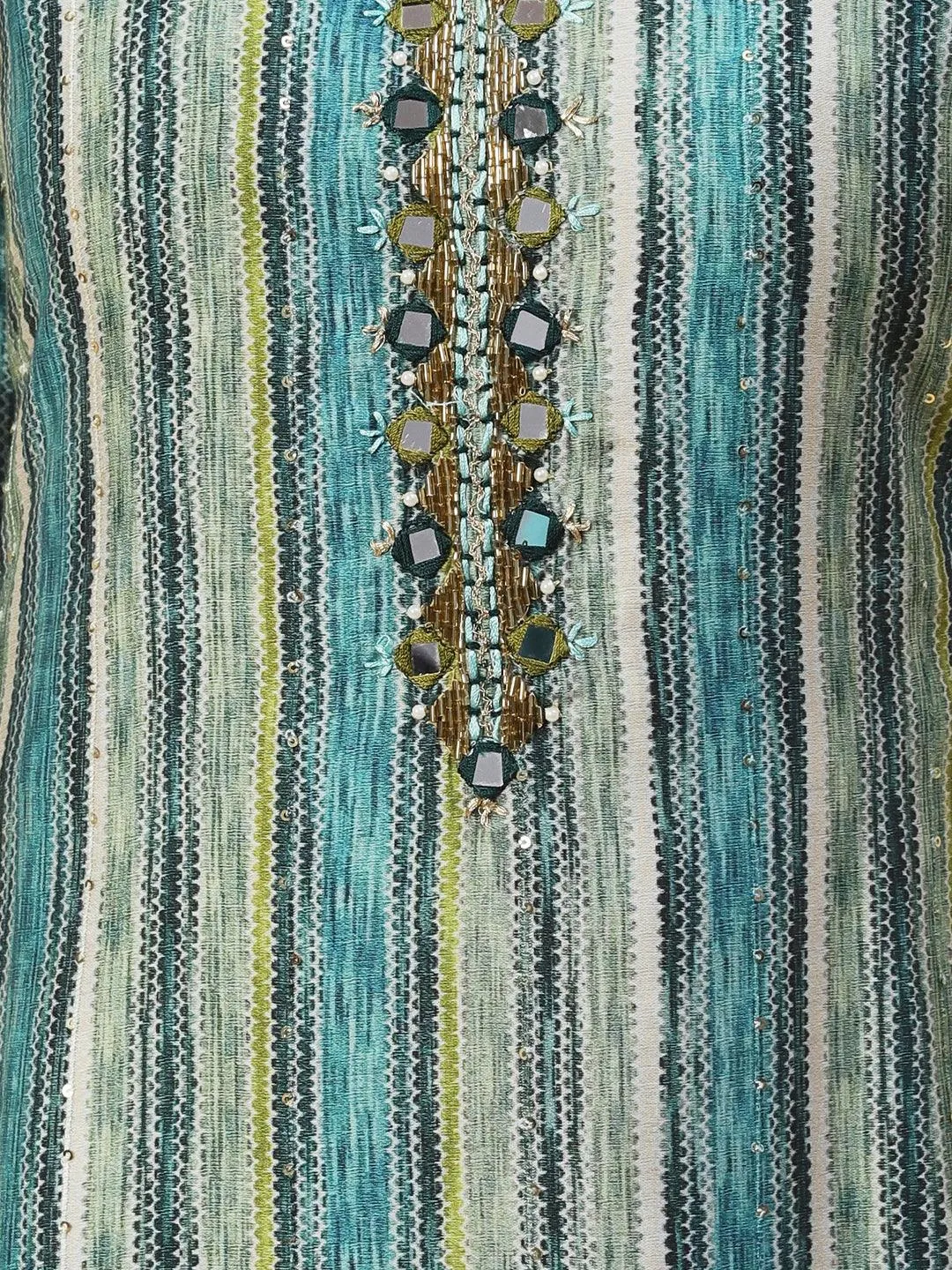 Abstract Striped Mirror Embroidered Kurta With Pants & Sequined Dupatta - Green