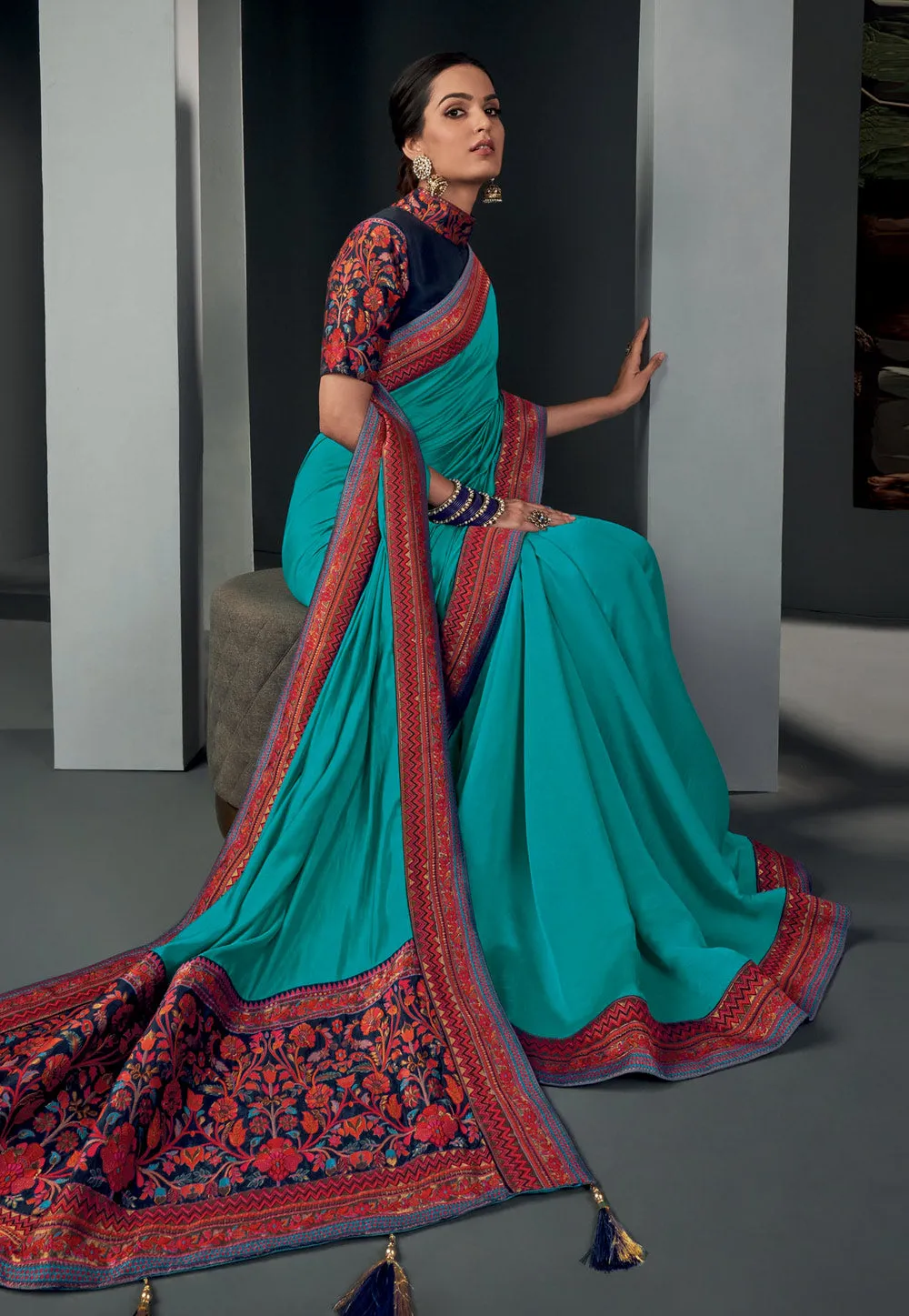 Aqua Blue Traditional Multi Embroidered Silk Saree