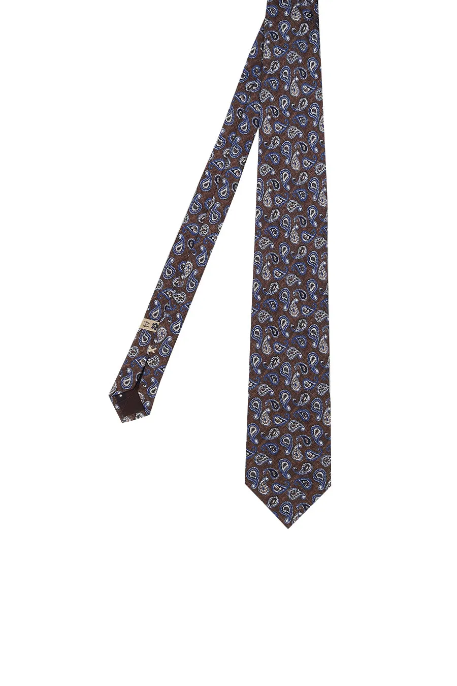 Archive brown tie with blue and white paisley print in pure silk