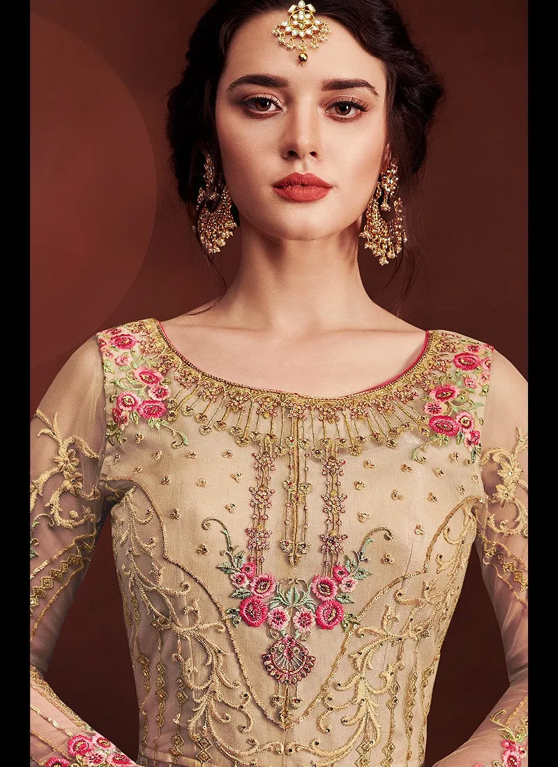 Beige Golden Fully Embroidered Anarkali Lehenga Suit