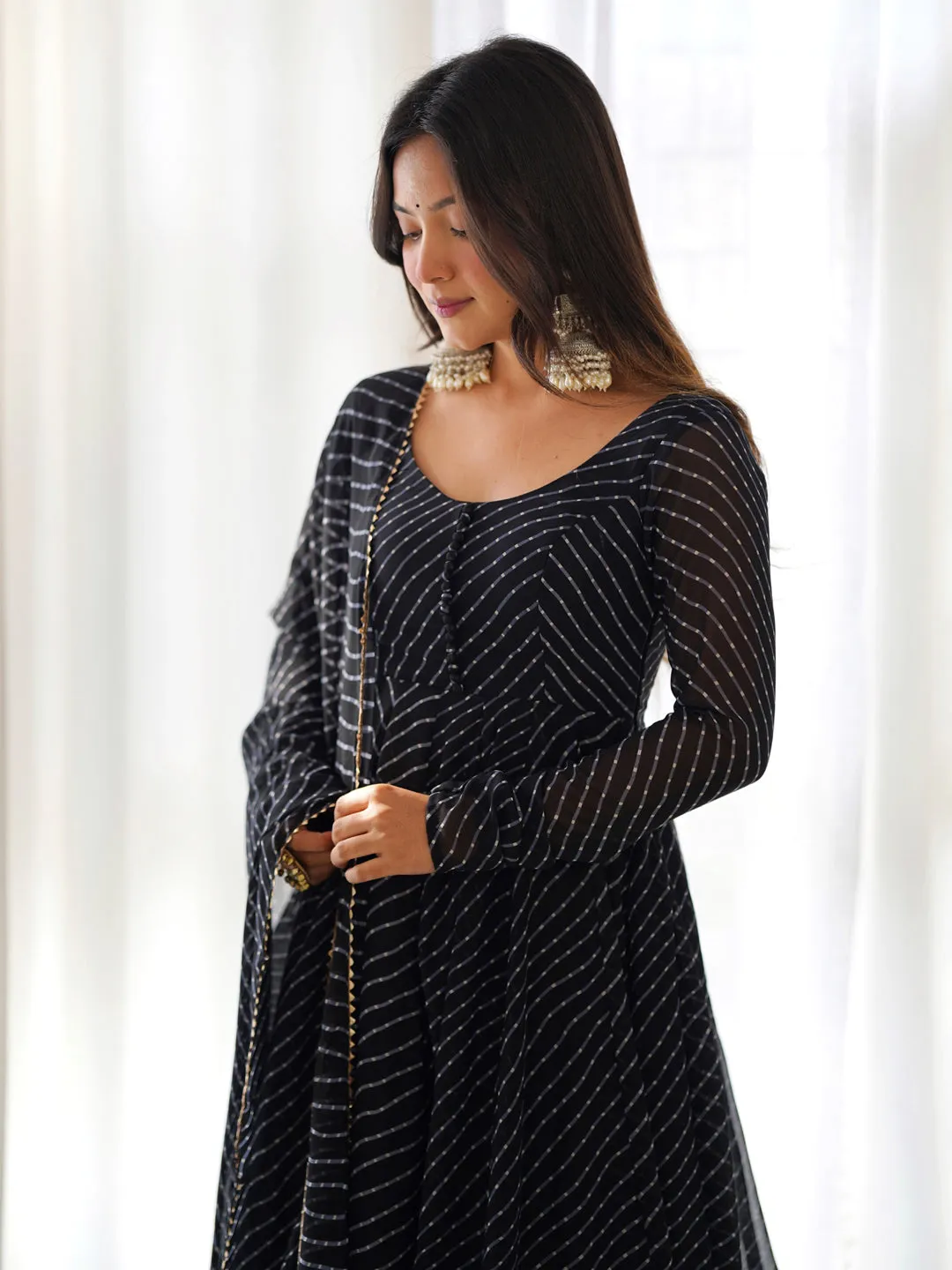 Black Heavy Faux Georgette Leheriya Print With Micro Cotton Inner Anarkali Dress
