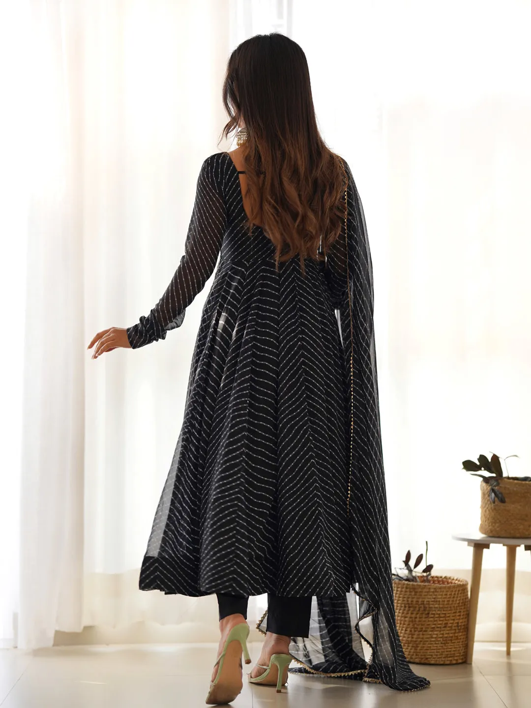 Black Heavy Faux Georgette Leheriya Print With Micro Cotton Inner Anarkali Dress