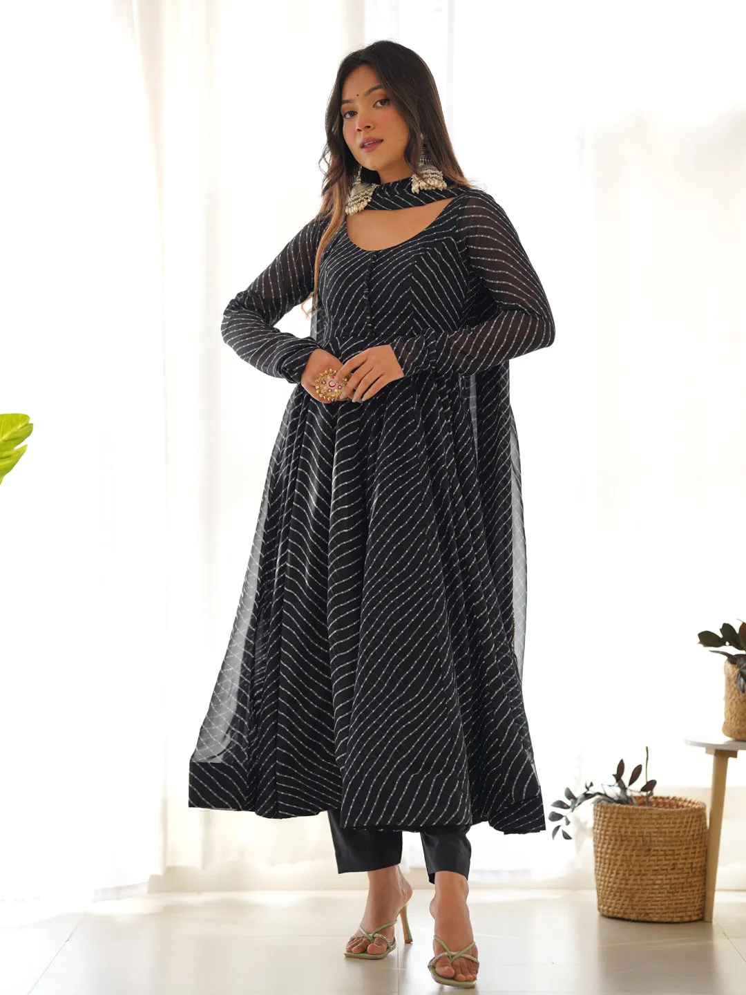 Black Heavy Faux Georgette Leheriya Print With Micro Cotton Inner Anarkali Dress