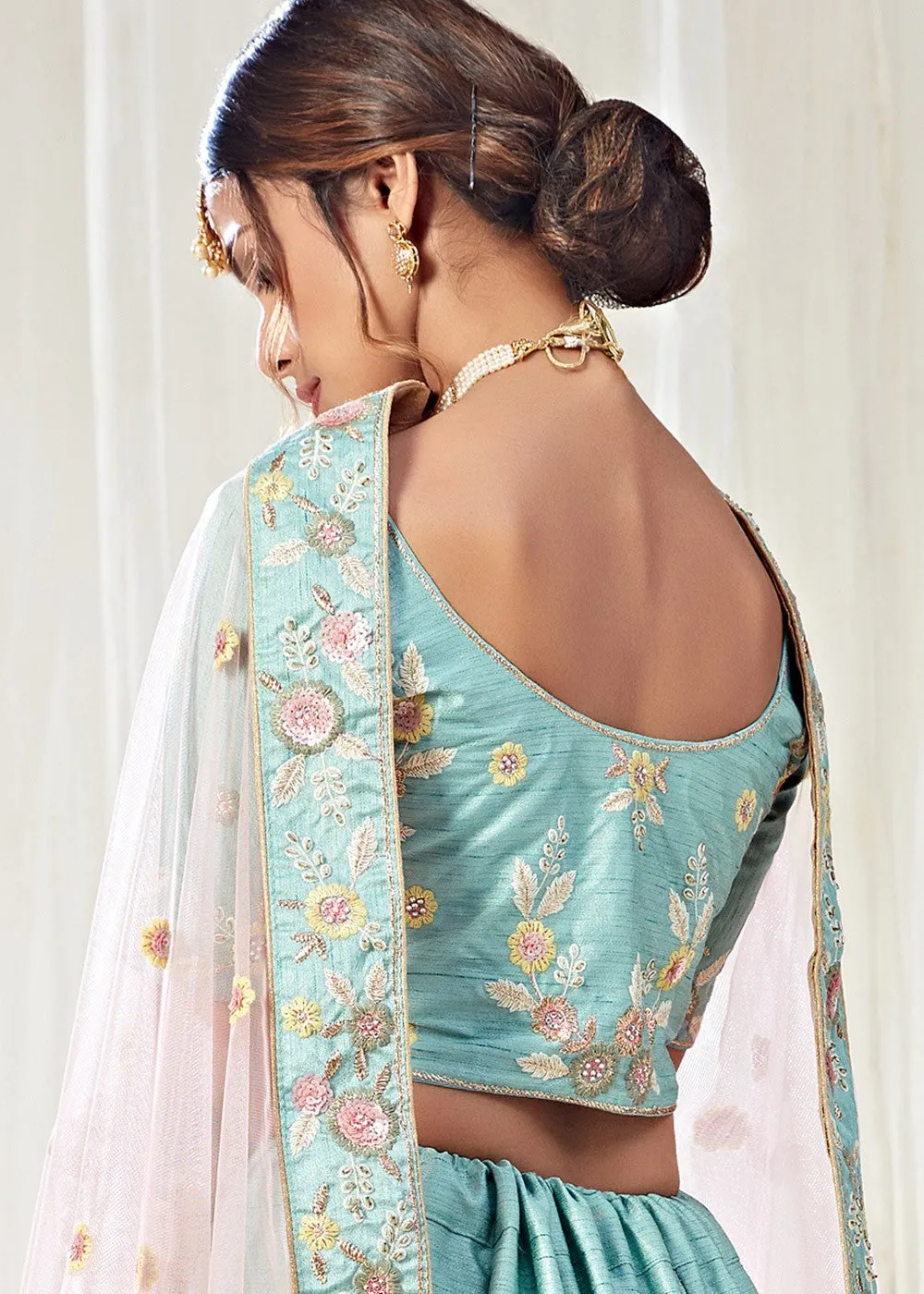 Blue And Pink Floral Embroidered Designer Lehenga Choli