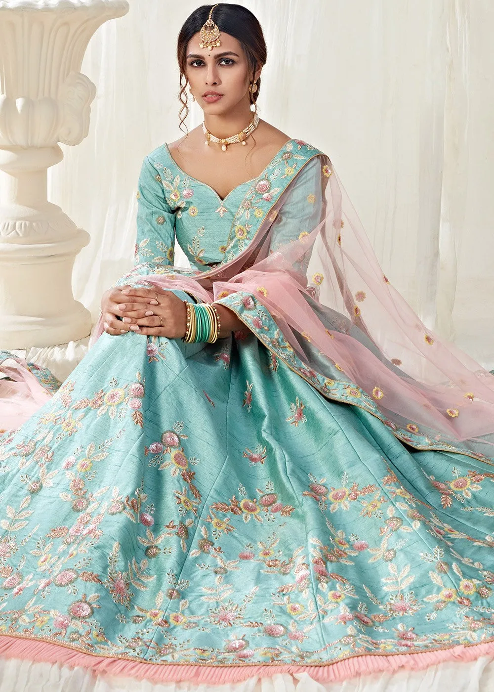 Blue And Pink Floral Embroidered Designer Lehenga Choli