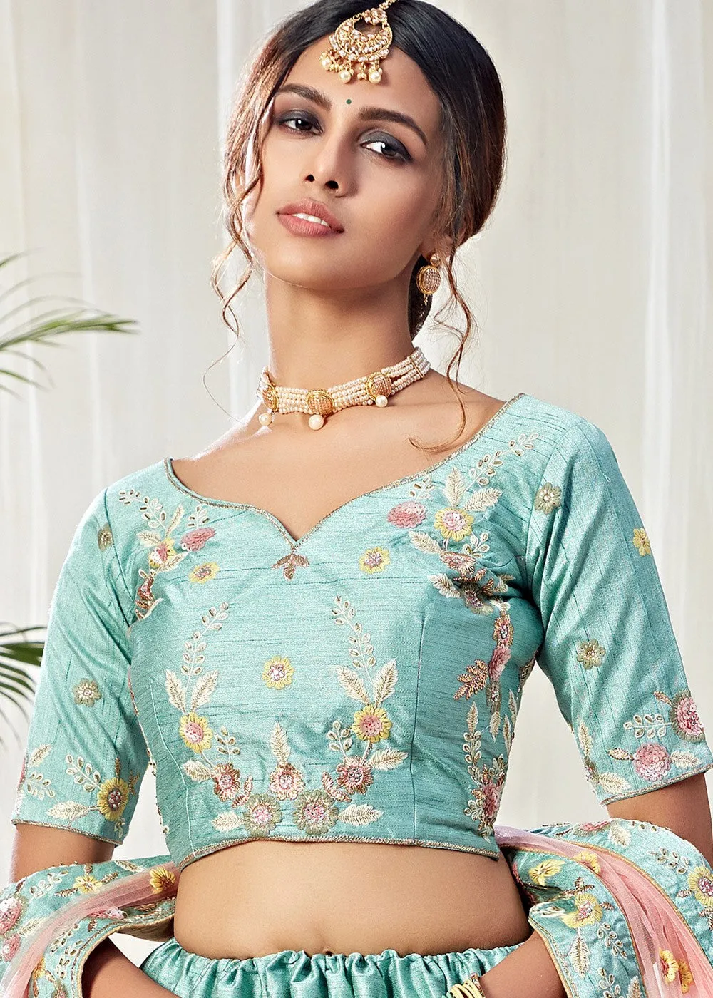 Blue And Pink Floral Embroidered Designer Lehenga Choli