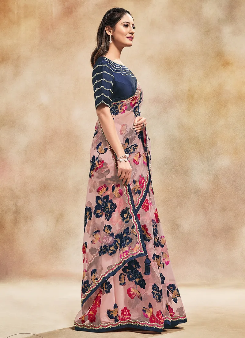 Blue And Pink Mirror Embroidered Party Wear Saree