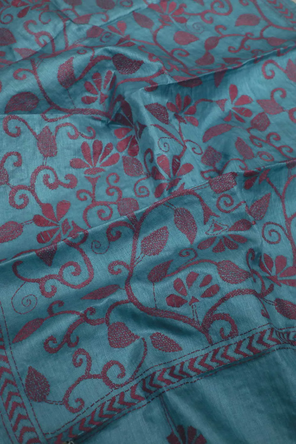 Blue with Florals Kantha Silk Stole