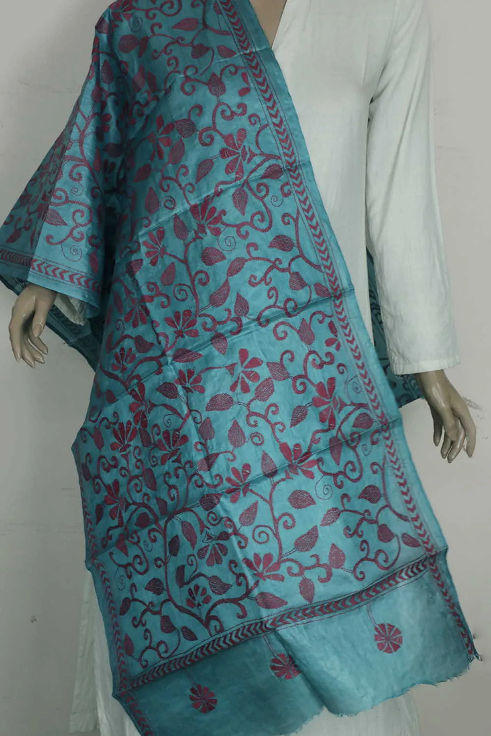Blue with Florals Kantha Silk Stole