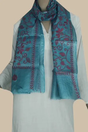 Blue with Florals Kantha Silk Stole