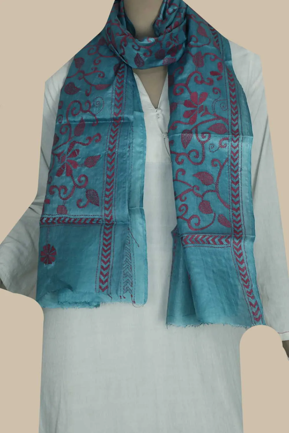 Blue with Florals Kantha Silk Stole