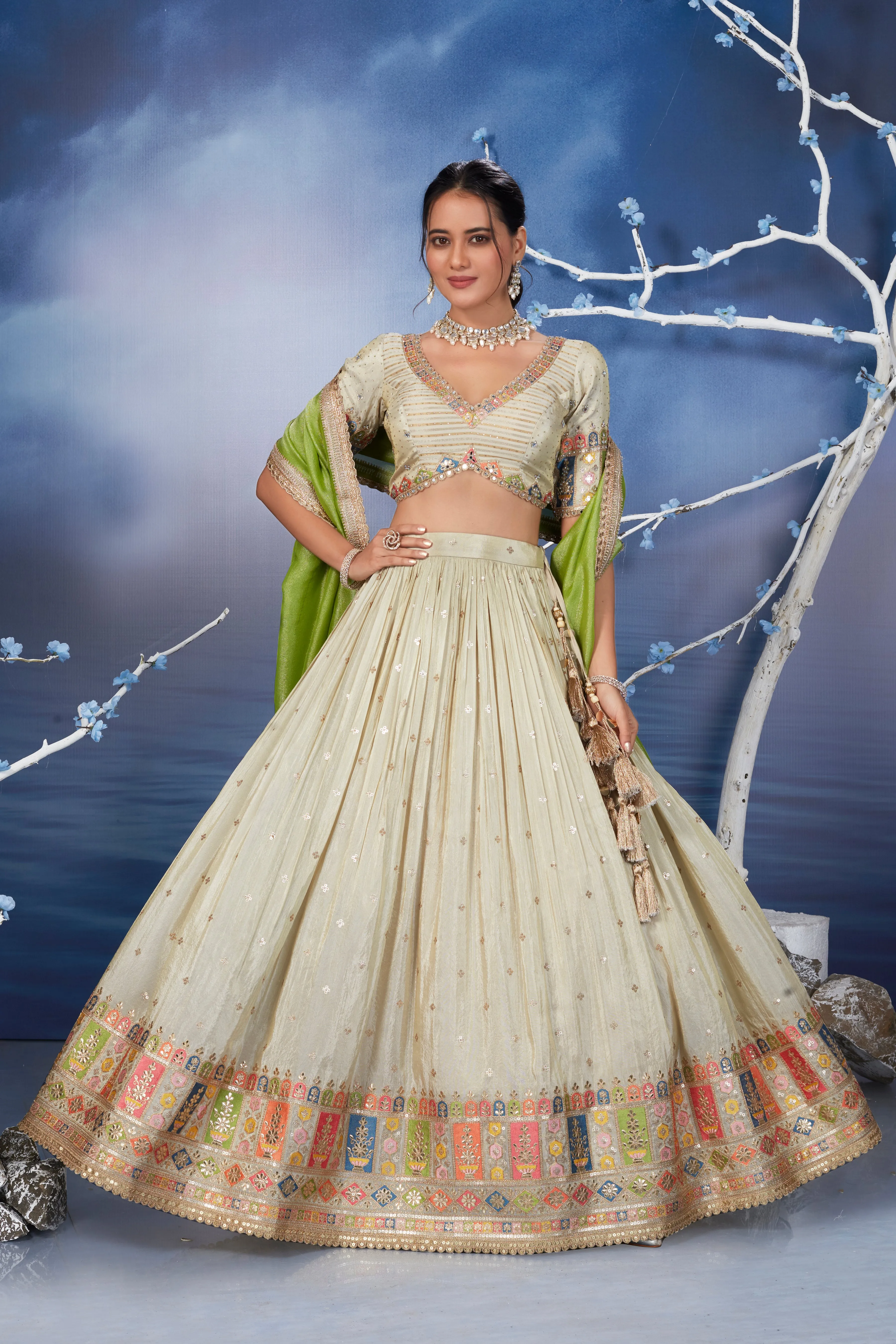 Champagne  Gold Embellished Georgette Silk Lehenga Set