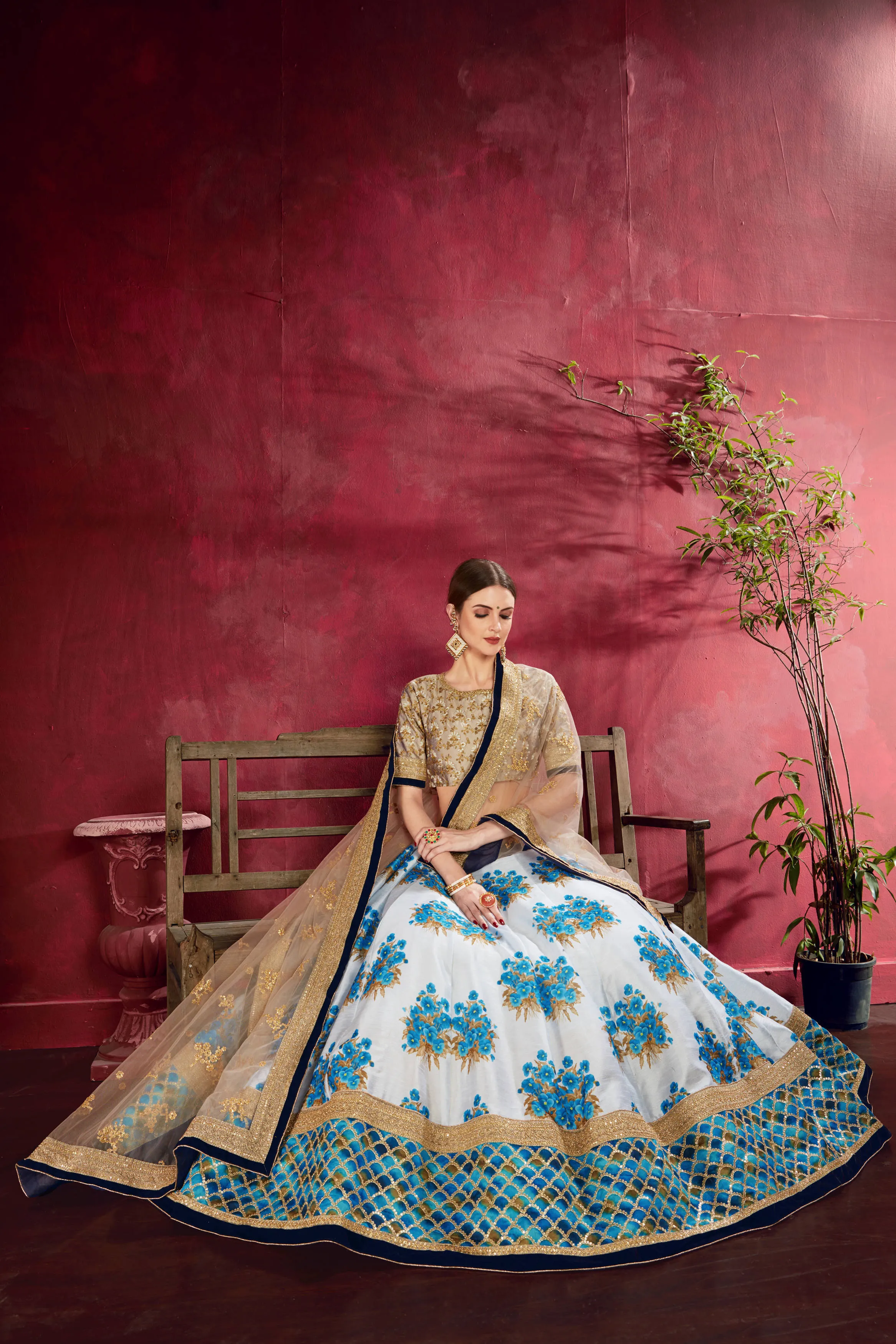 Charming Blue Floral Printed Banglory Silk Wedding Lehenga Choli