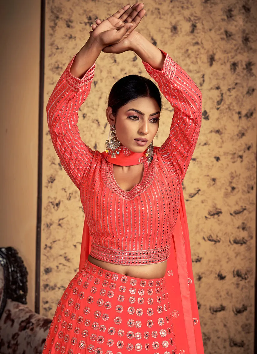 Coral Red Art Silk Readymade Lehenga Choli