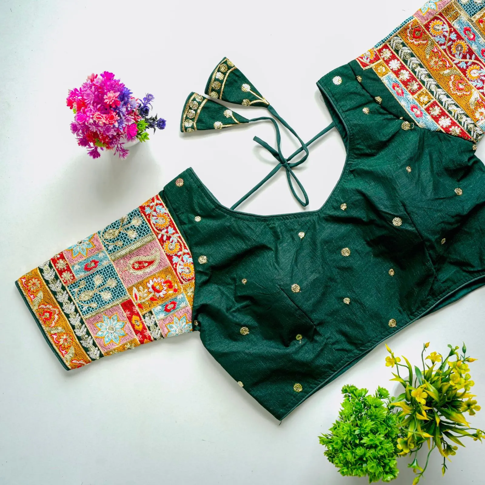 Dark Green Golden Embroidered Seoul Silk Blouse with Sequins