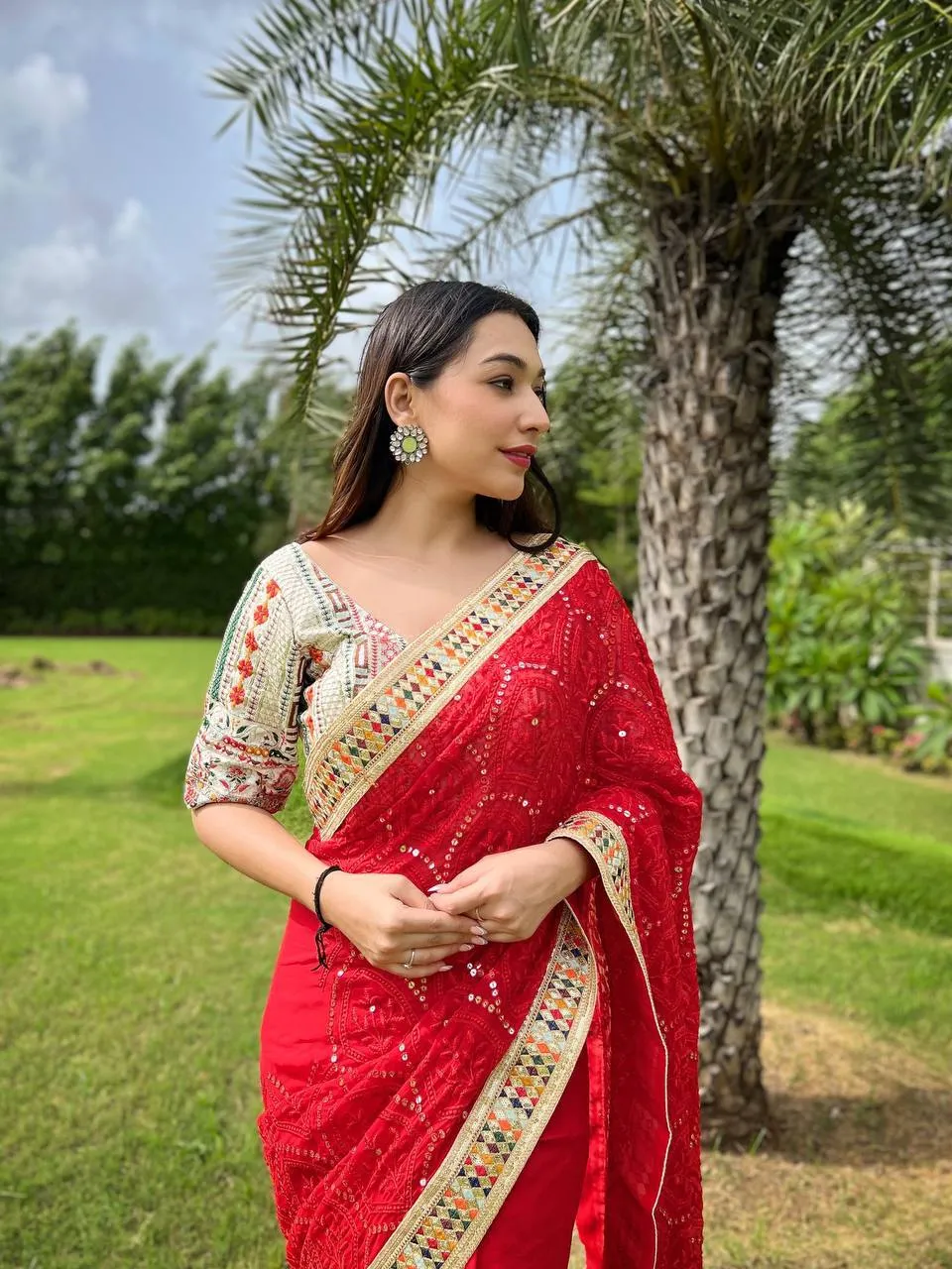 Dazzling Red Karva Chauth Georgette Chikankari Saree with Sequined Border & Viscose Thread Embroidery