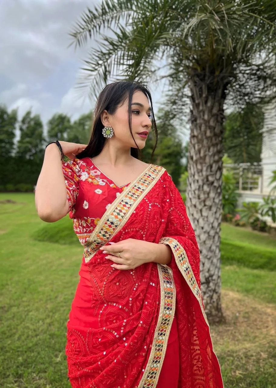 Dazzling Red Karva Chauth Georgette Chikankari Saree with Sequined Border & Viscose Thread Embroidery