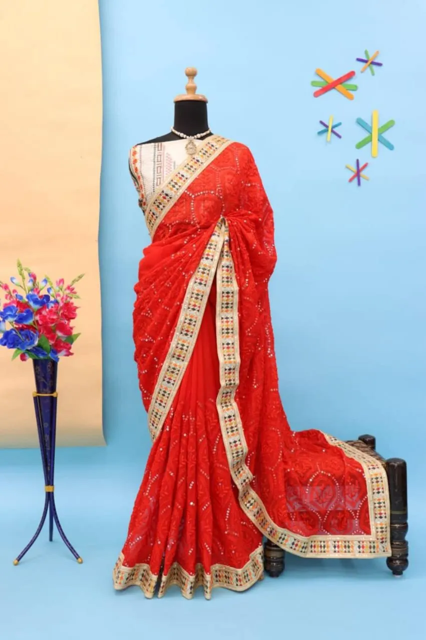 Dazzling Red Karva Chauth Georgette Chikankari Saree with Sequined Border & Viscose Thread Embroidery
