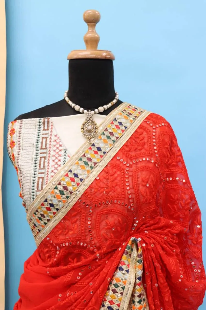 Dazzling Red Karva Chauth Georgette Chikankari Saree with Sequined Border & Viscose Thread Embroidery