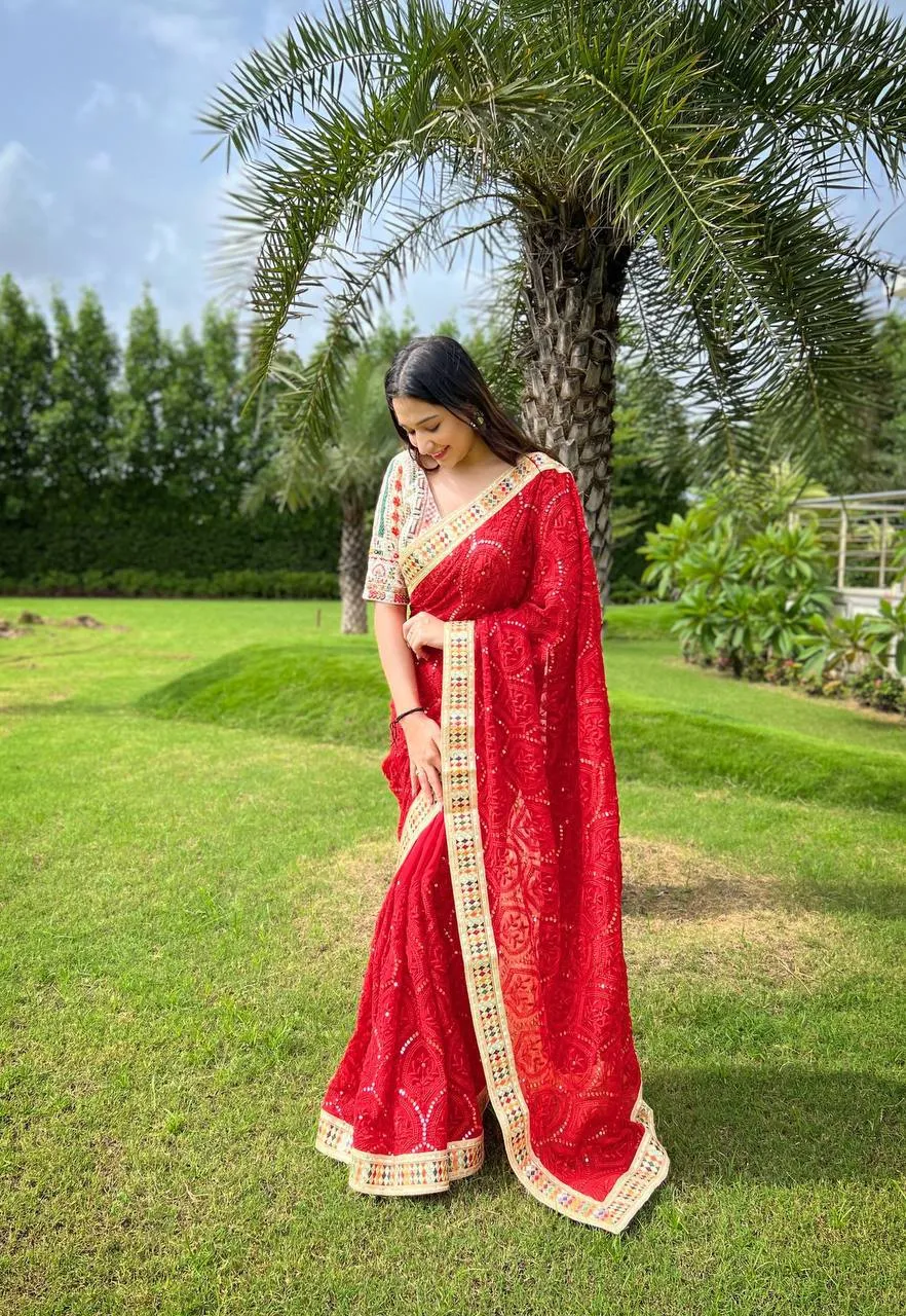 Dazzling Red Karva Chauth Georgette Chikankari Saree with Sequined Border & Viscose Thread Embroidery