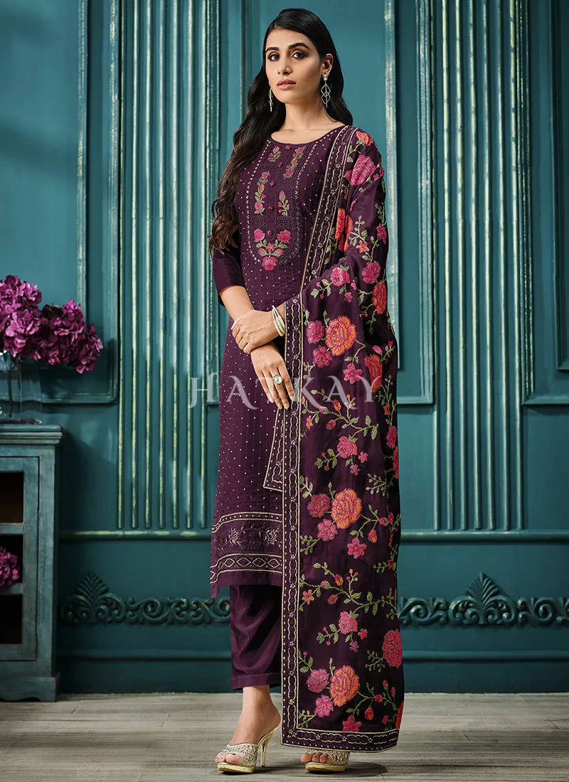 Deep Purple Multi Embroidered Pakistani Pant Style Suit