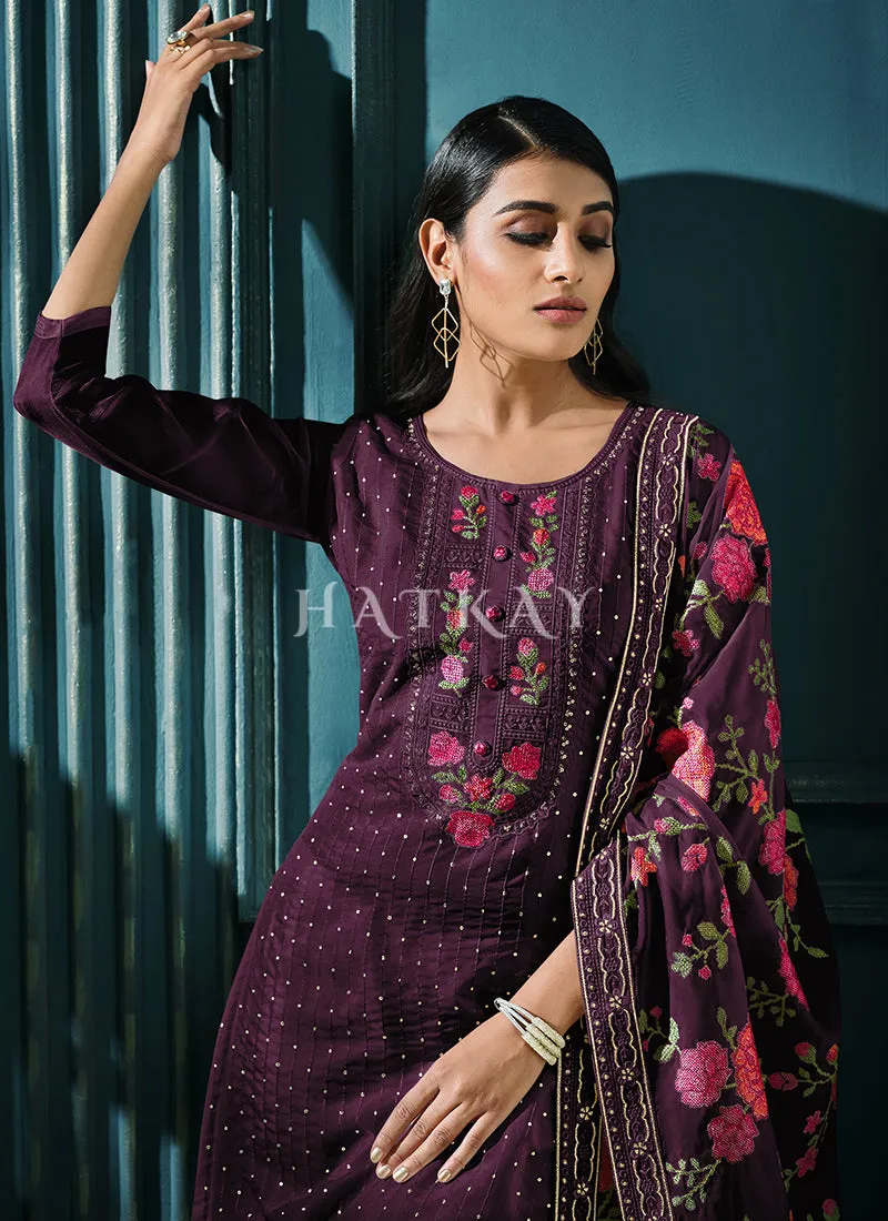 Deep Purple Multi Embroidered Pakistani Pant Style Suit