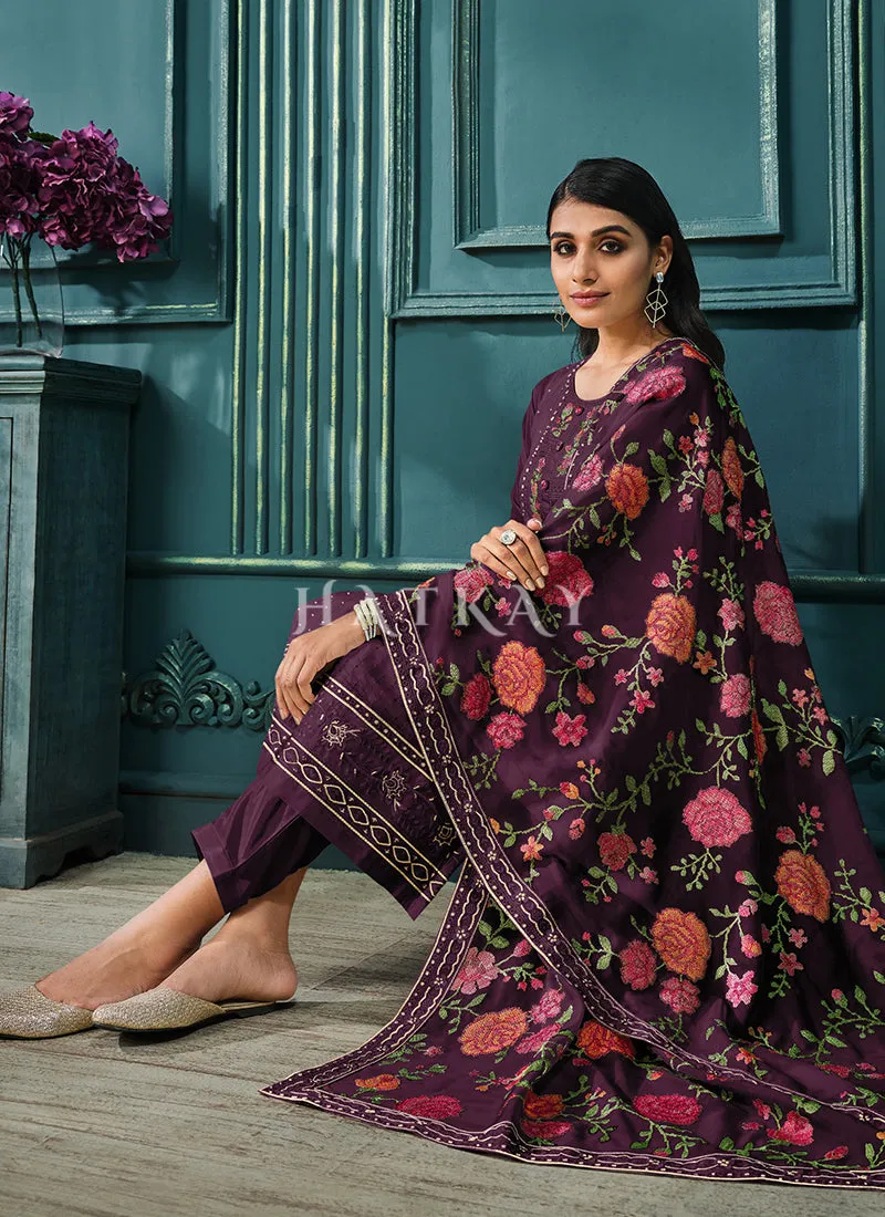 Deep Purple Multi Embroidered Pakistani Pant Style Suit