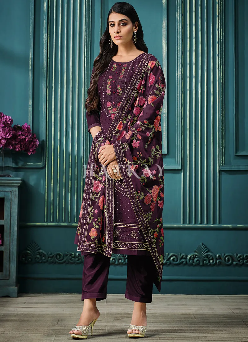 Deep Purple Multi Embroidered Pakistani Pant Style Suit