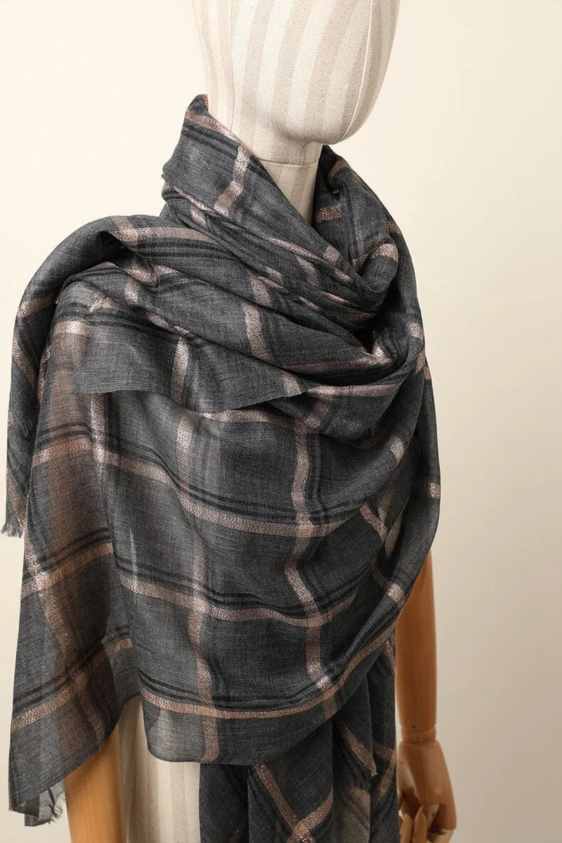 Designer Shawl Gold Thread Metalic Plaid Scarf-Pink/Black