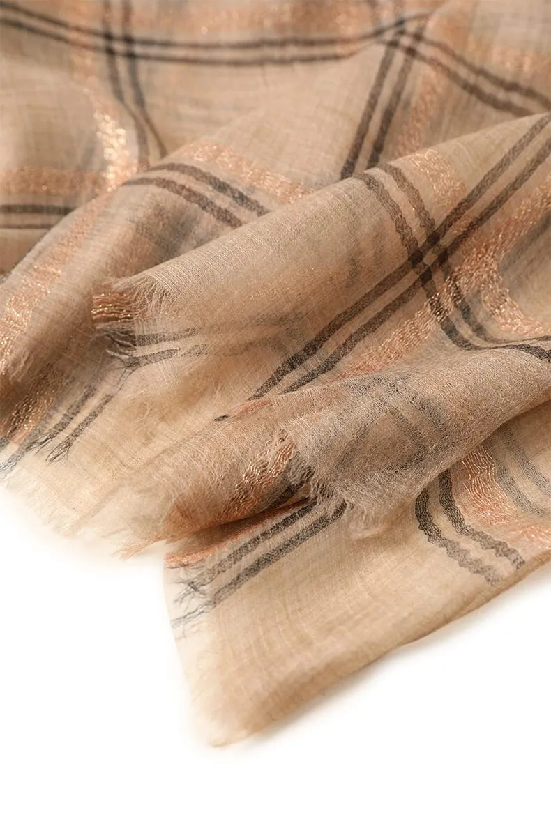 Designer Shawl Gold Thread Metalic Plaid Scarf-Pink/Black