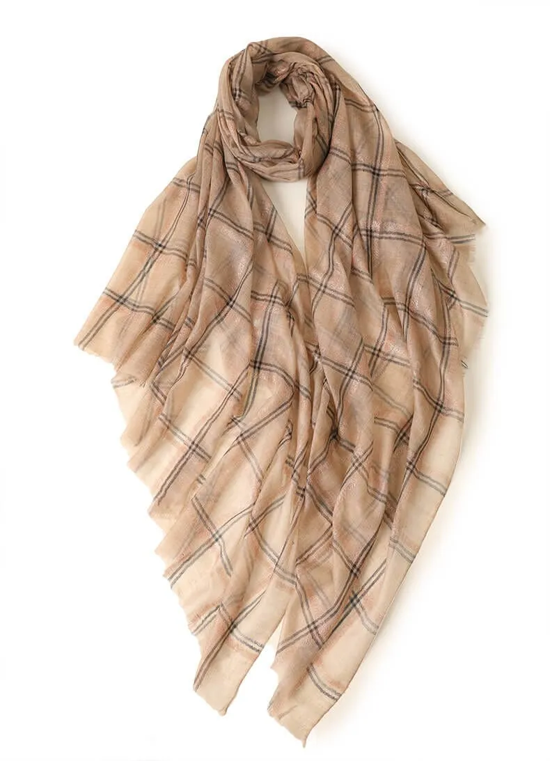 Designer Shawl Gold Thread Metalic Plaid Scarf-Pink/Black