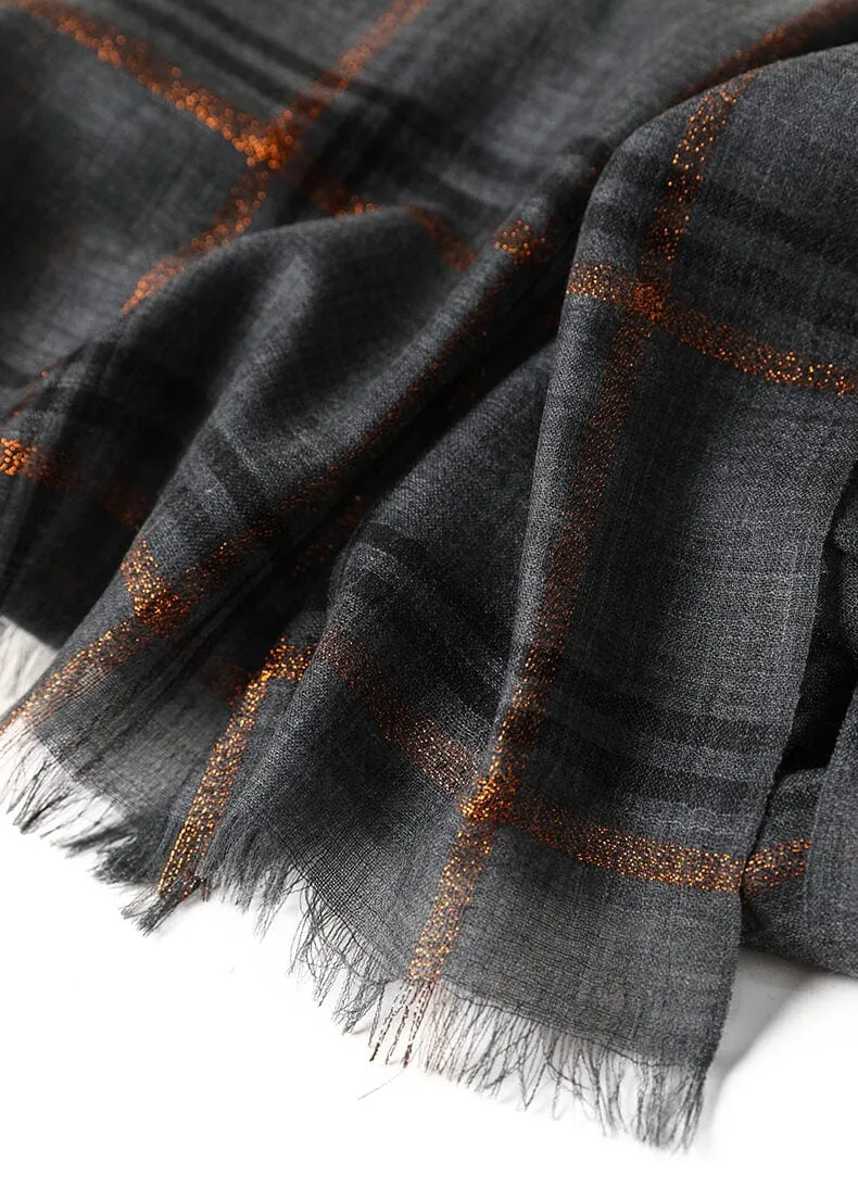 Designer Shawl Gold Thread Metalic Plaid Scarf-Pink/Black