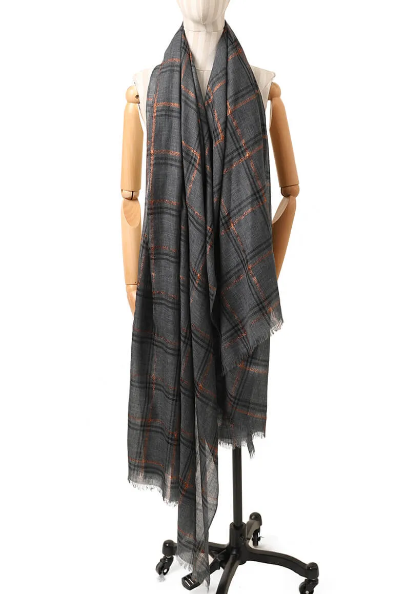 Designer Shawl Gold Thread Metalic Plaid Scarf-Pink/Black
