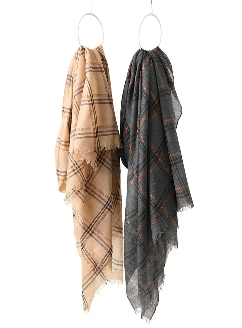 Designer Shawl Gold Thread Metalic Plaid Scarf-Pink/Black
