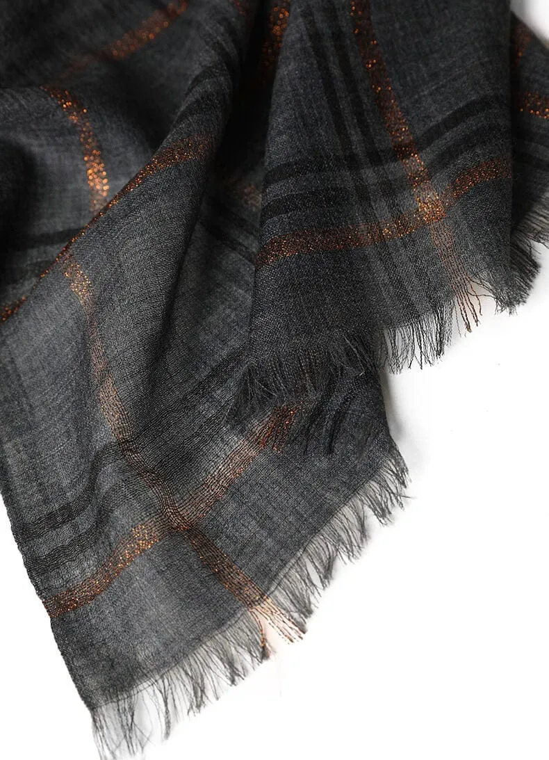 Designer Shawl Gold Thread Metalic Plaid Scarf-Pink/Black