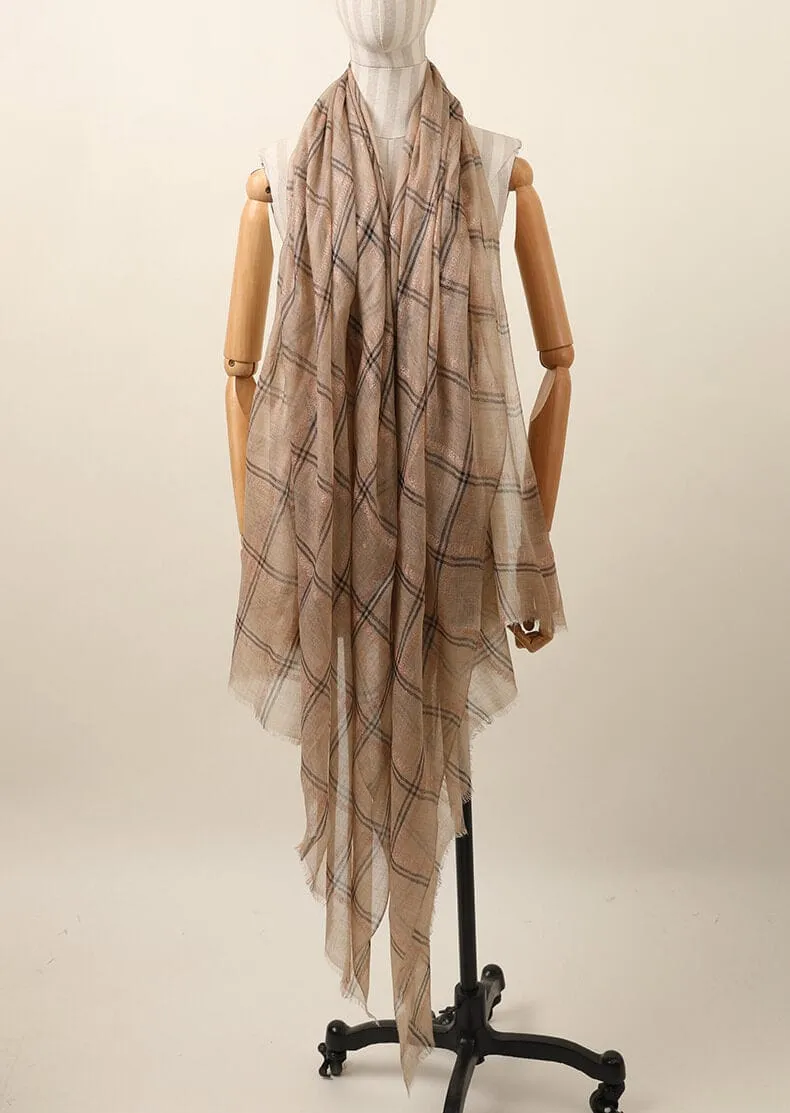 Designer Shawl Gold Thread Metalic Plaid Scarf-Pink/Black
