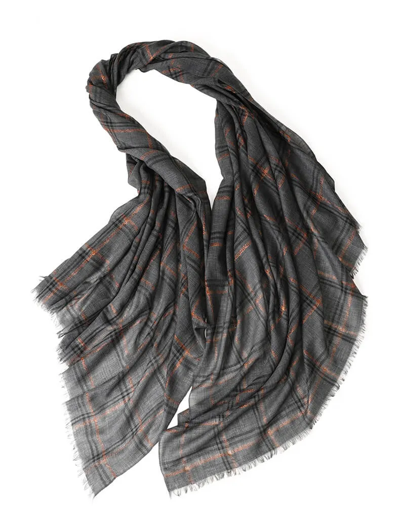Designer Shawl Gold Thread Metalic Plaid Scarf-Pink/Black