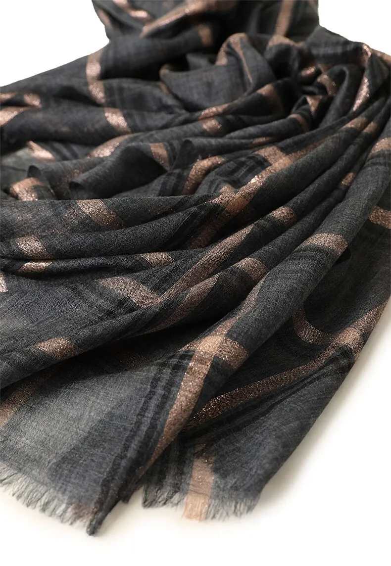 Designer Shawl Gold Thread Metalic Plaid Scarf-Pink/Black