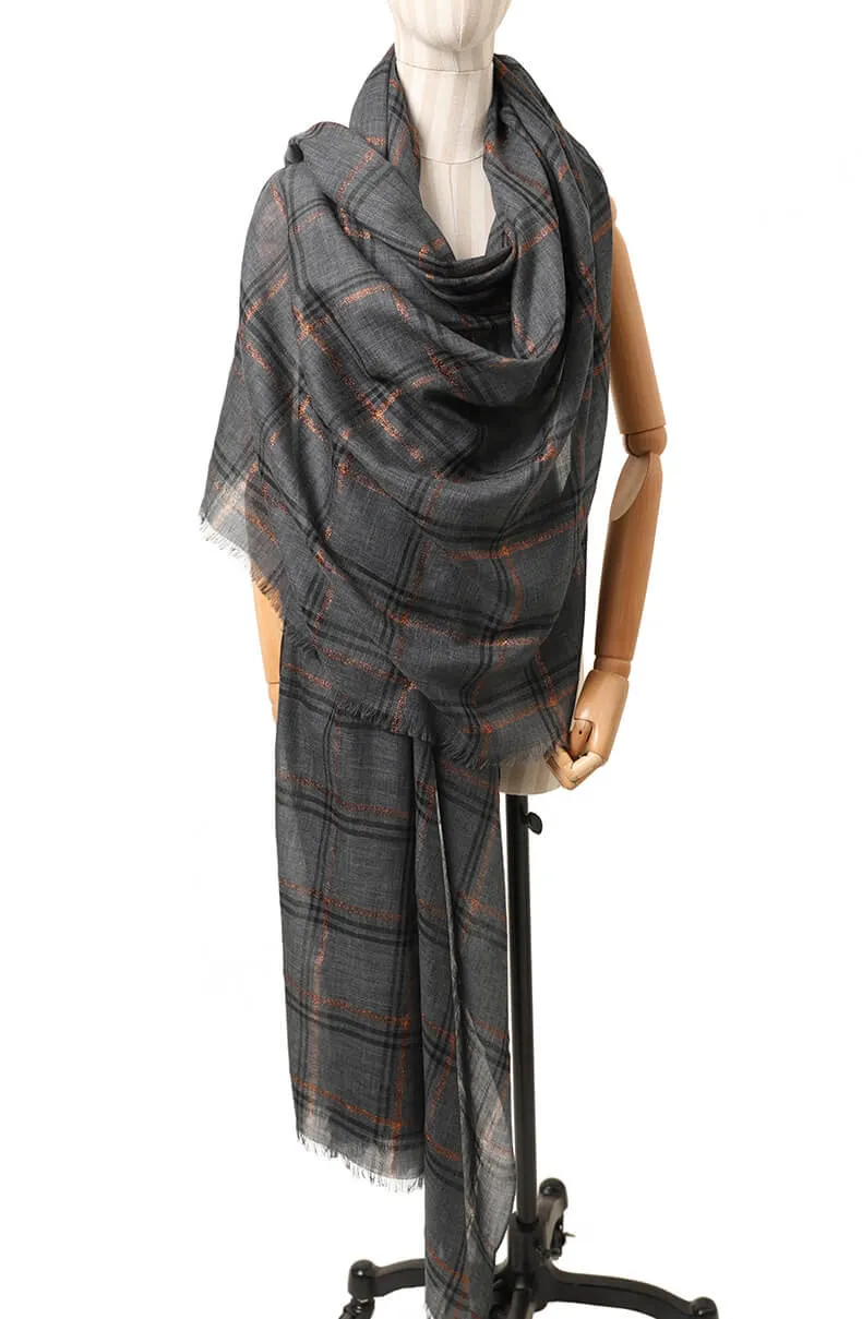 Designer Shawl Gold Thread Metalic Plaid Scarf-Pink/Black