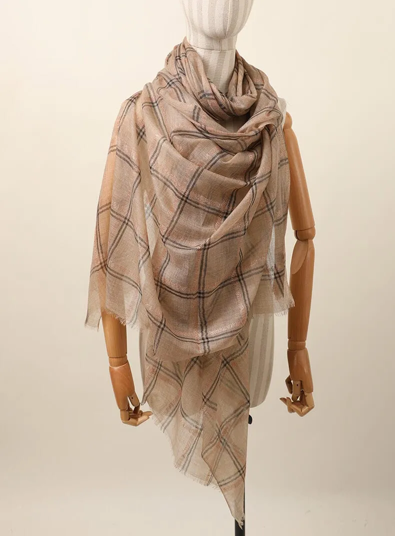 Designer Shawl Gold Thread Metalic Plaid Scarf-Pink/Black