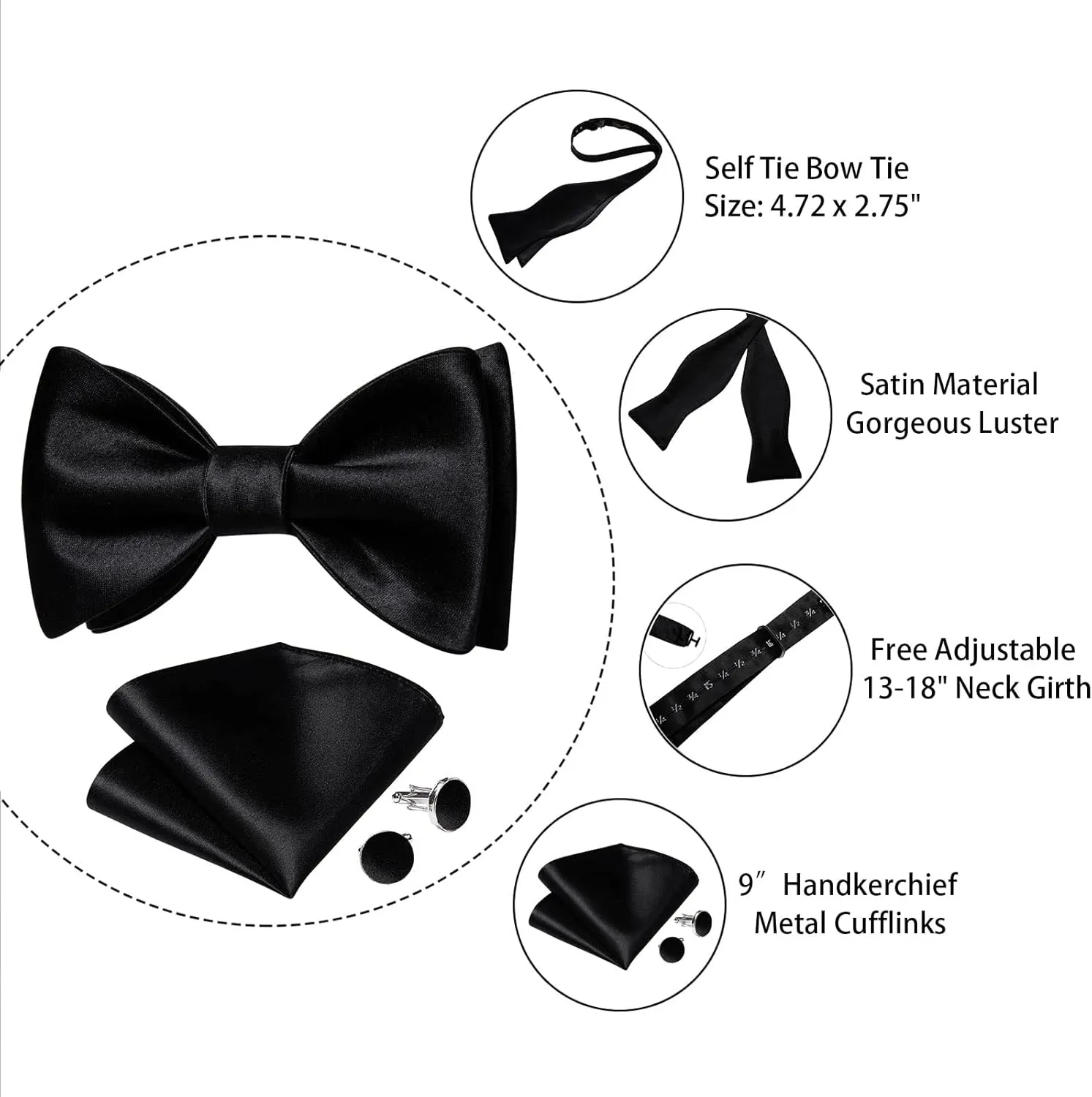 DiBanGu Bow Ties for Men Self Tie Bow Tie and Pocket Square Set Adjustable Solid Satin Formal Tuxedo Bow Tie Wedding