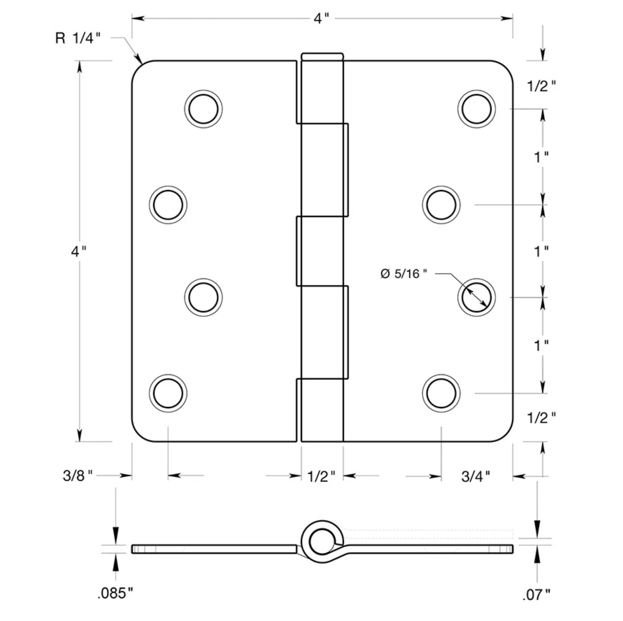 Door Hinge, Matte Black 4" with 1/4" Radius Corners