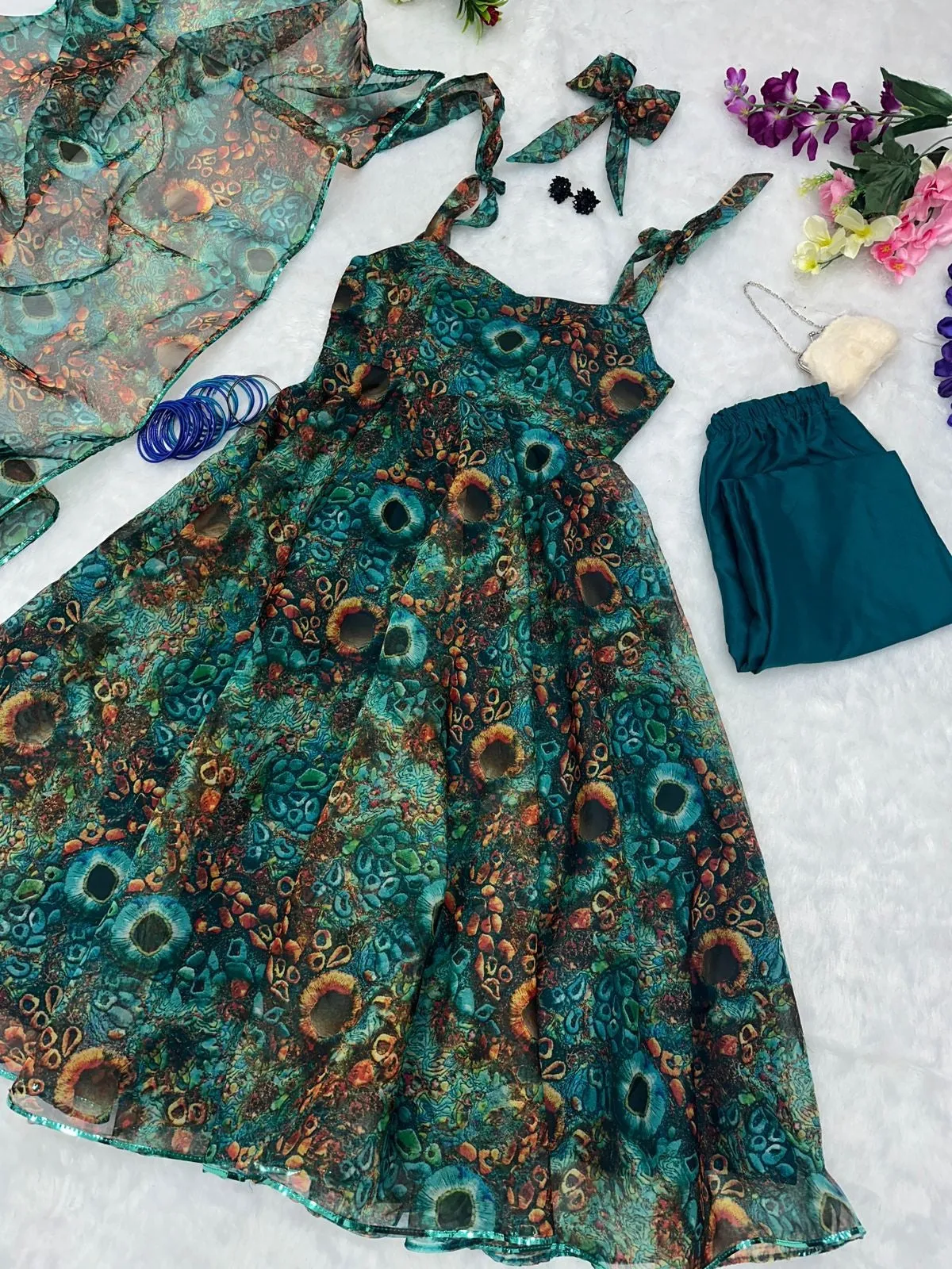 Fancy Printed Dark Green Color Organza Silk Anarkali Suit