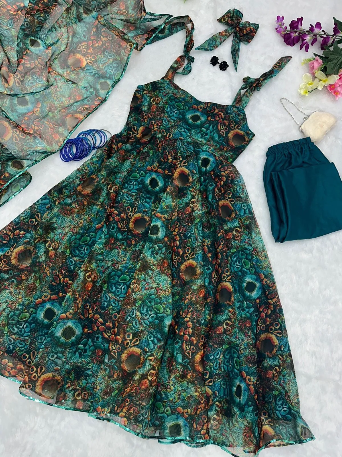 Fancy Printed Dark Green Color Organza Silk Anarkali Suit