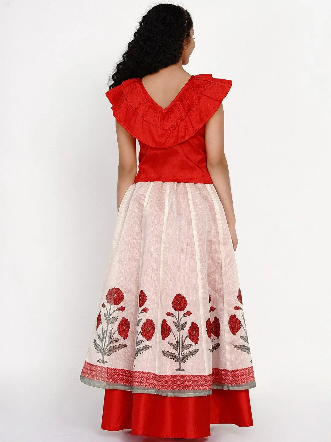 Girl's Red & Off White Block Print Ready to Wear Lehenga Choli - NOZ2TOZ KIDS