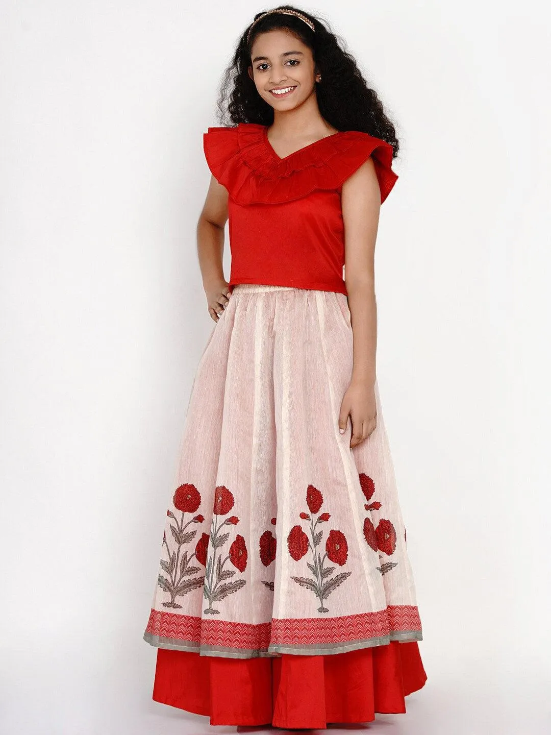 Girl's Red & Off White Block Print Ready to Wear Lehenga Choli - NOZ2TOZ KIDS