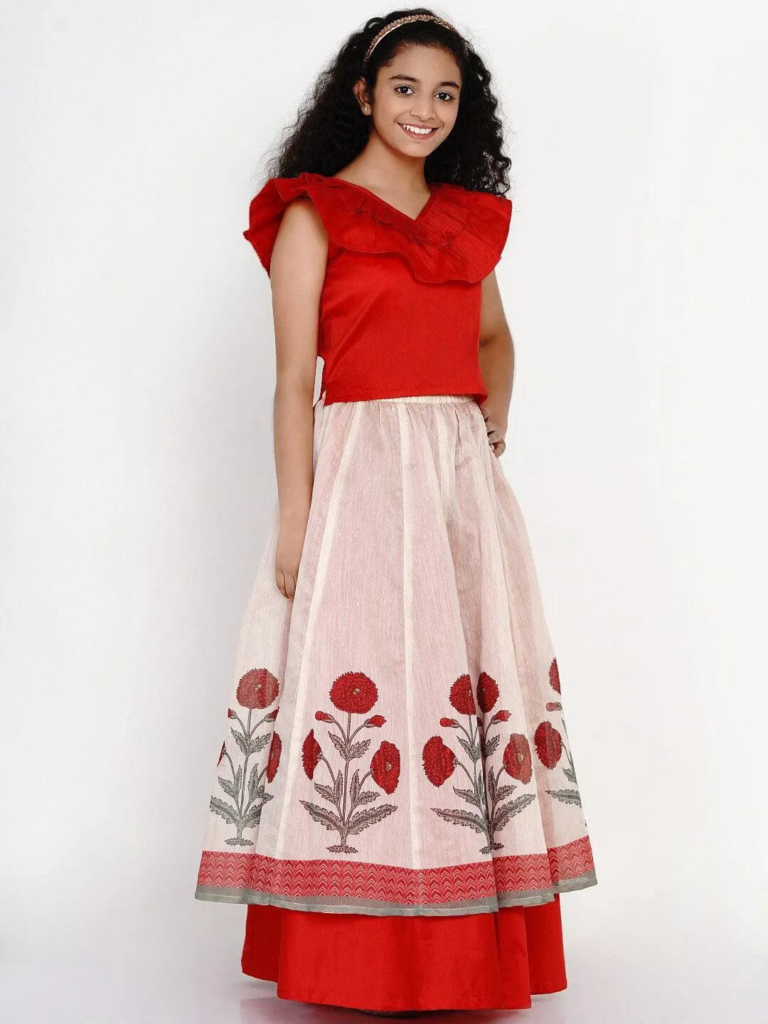 Girl's Red & Off White Block Print Ready to Wear Lehenga Choli - NOZ2TOZ KIDS