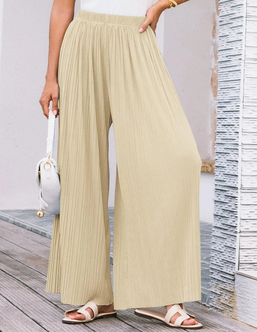 GRACE KARIN Women Wide Leg Pants Pleated Work Dress Pants Elastic Waisted Pull on Business Casual Trousers with Pockets